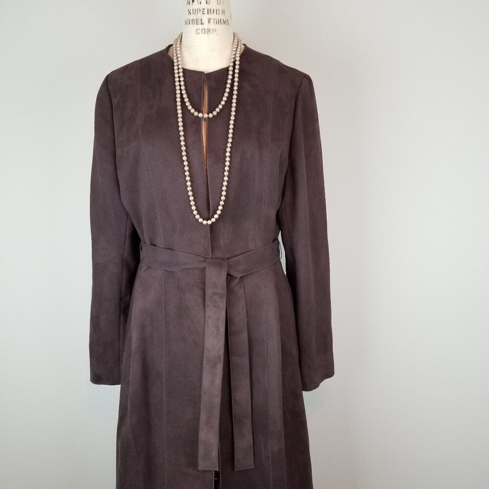 INC Faux Suede Chocolate Brown Long Length Trench Belted L/S Jacket * Size 10